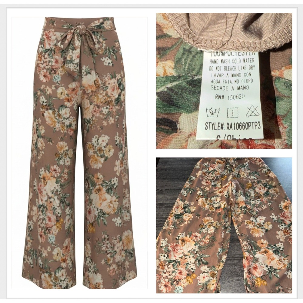 Windsor Floral Wide Leg‎ Pants Mauve Brown High Waisted Boho Chiffon Small